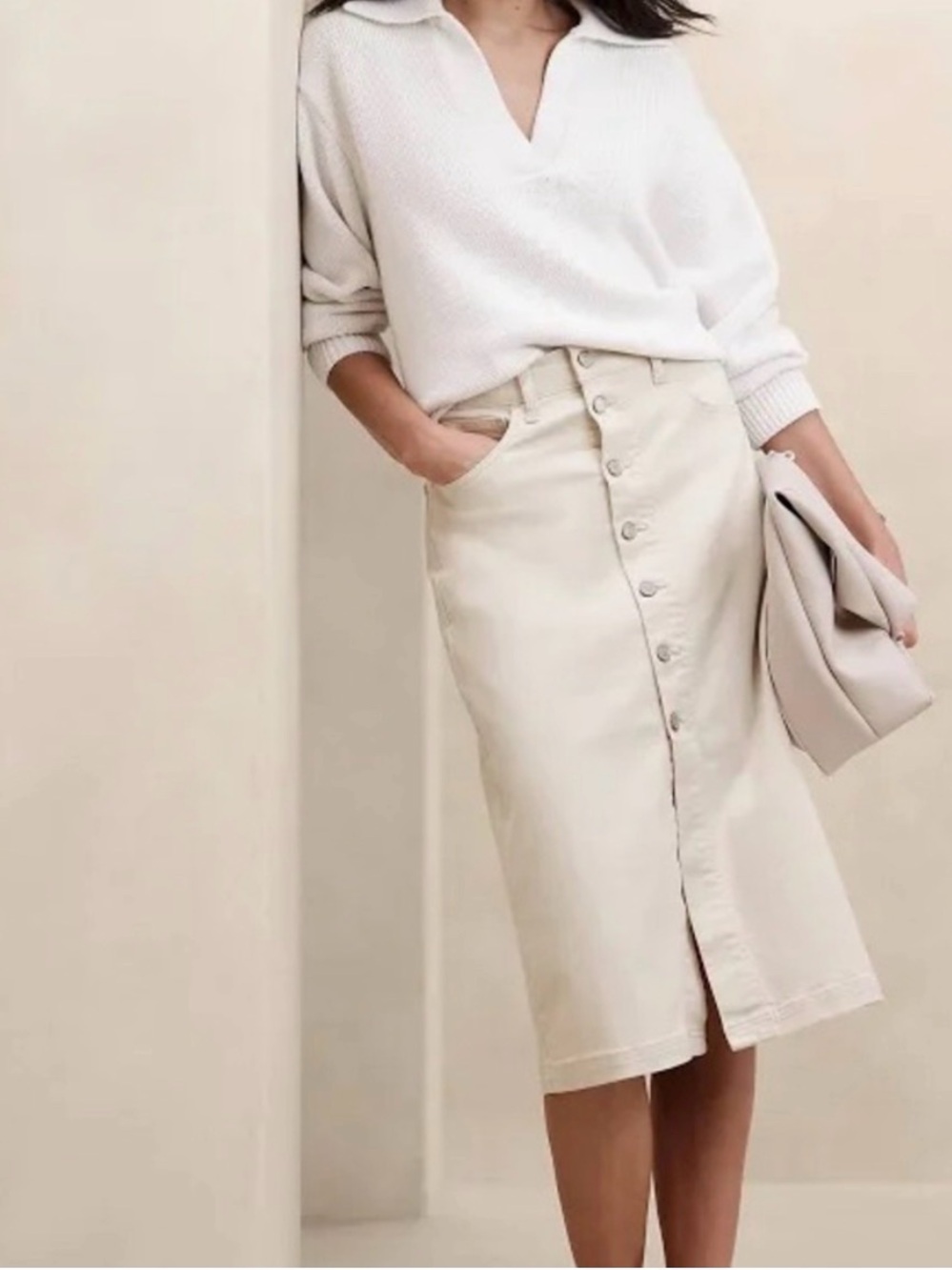 Banana Republic Cream Button-Front Midi Skirt
